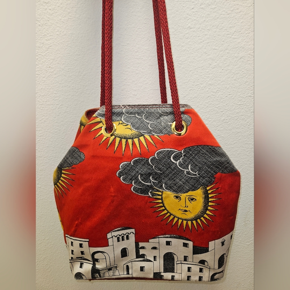 VINTAGE FORNASETTI MADE IN ITALY MILANO ARTSY COLORFUL SUN LANDSCAPE PURSE BAG - Picture 3 of 16